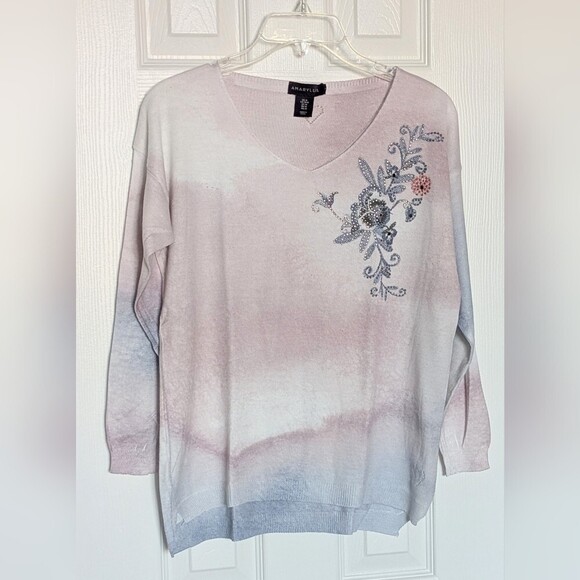 Amaryllis Sweaters - Amaryllis Womens (Size M) Pastel Tie-Dyed V-Neck Sweater w/ Floral Embroidery